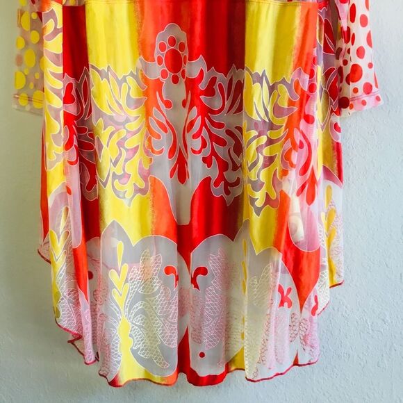 Sheer coverup with bright yellow red and orange circles coral pattern unique Sml - Picture 5 of 7